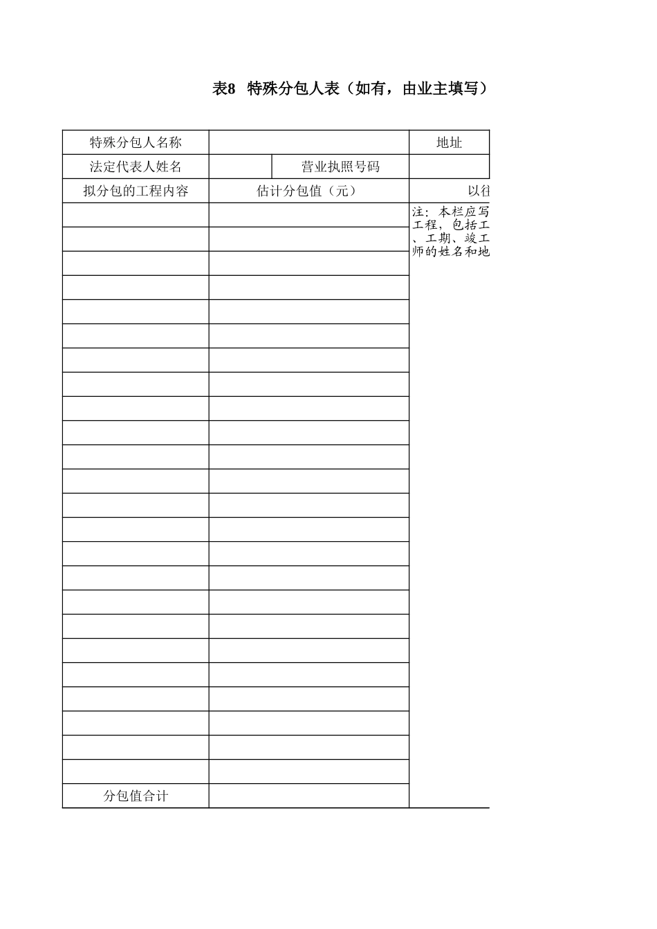 2025年工程建设资料：表8特殊分包人表.xls_第1页