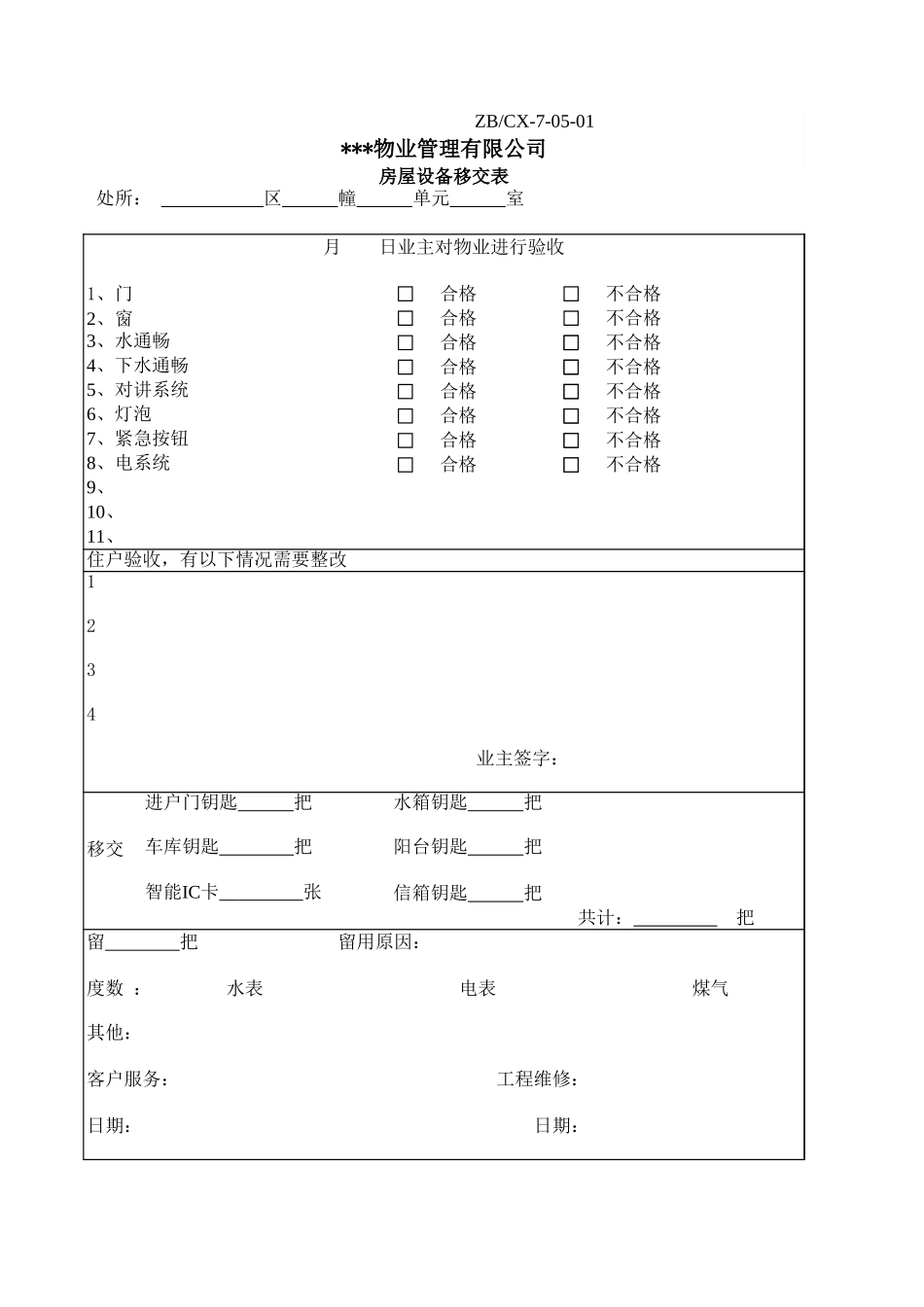 2025年工程建设资料：房屋设备移交表.xls_第1页