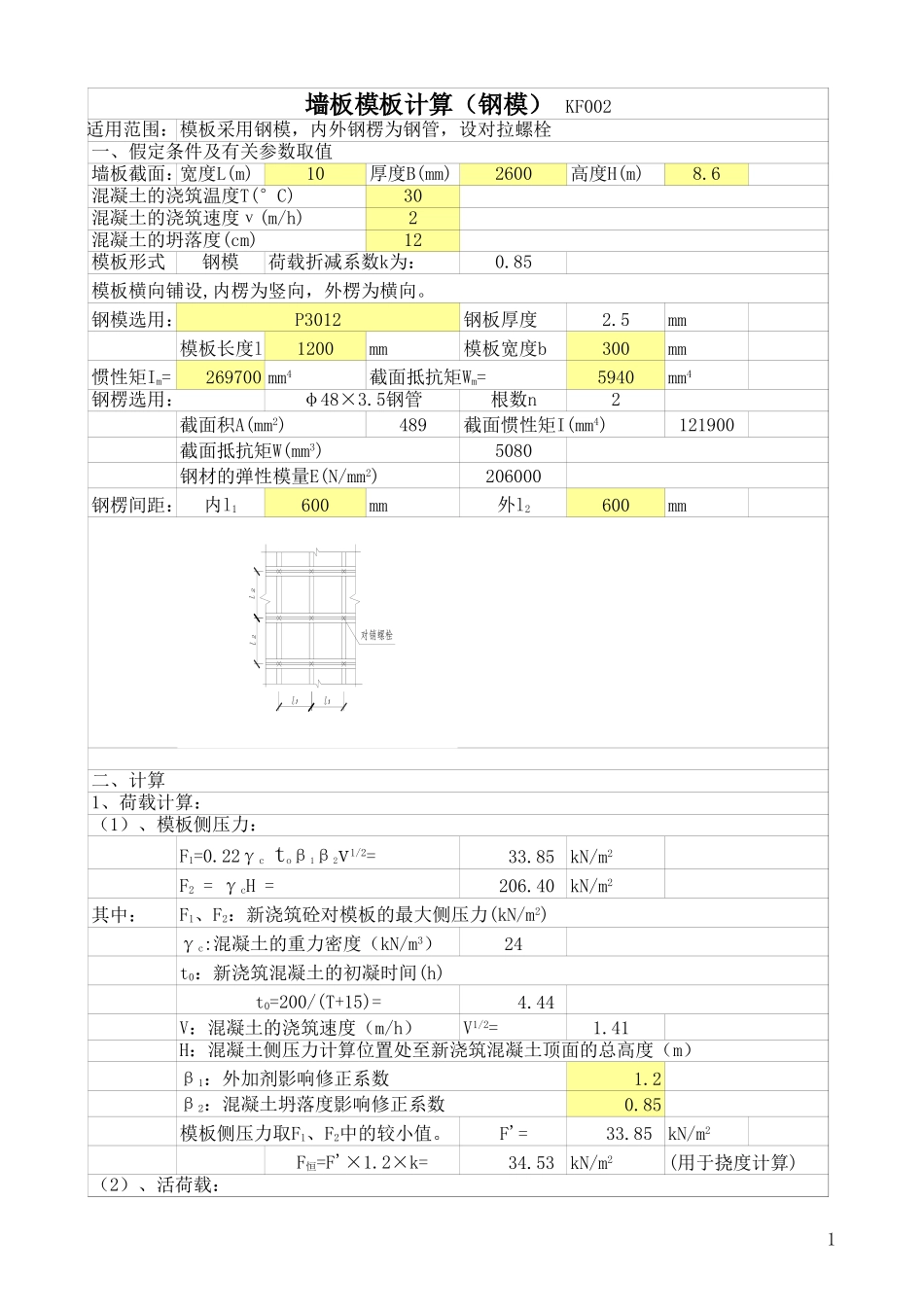 2025年工程建设资料：墙板模板计算.xls_第1页