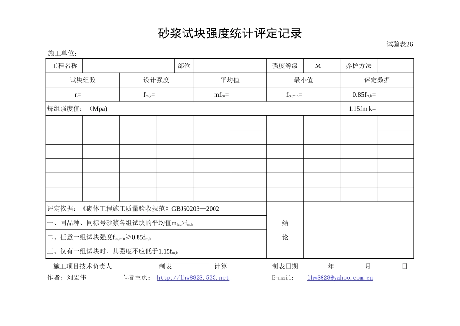 2025年工程建设资料：砂浆评定表格.xls_第1页