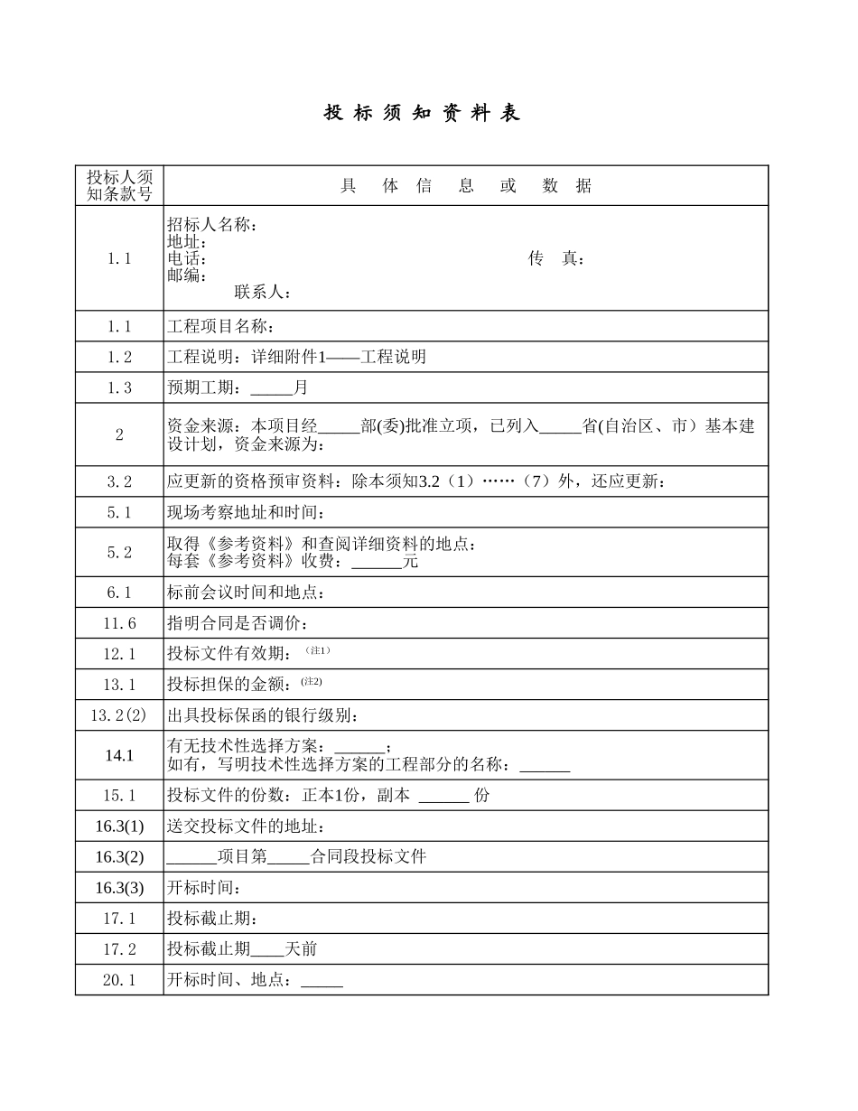 2025年工程建设资料：投标人须知资料表.xls_第1页