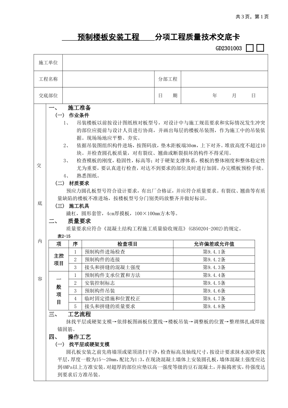 2025年工程建设资料：19预制楼板安装工程.doc_第1页