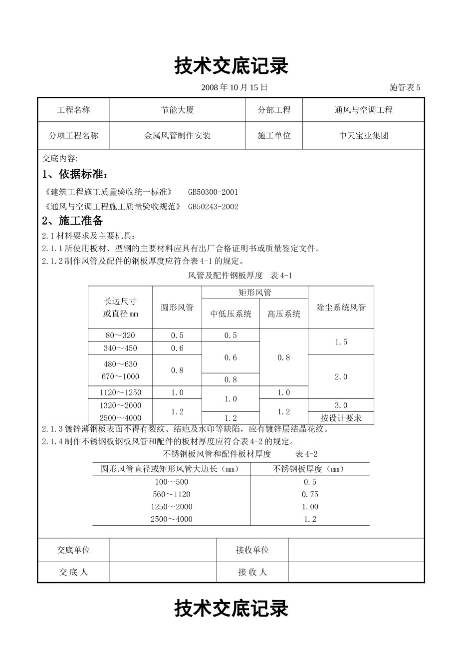 2025年工程建设资料：金属风管制作安装施工交底记录.doc_第1页