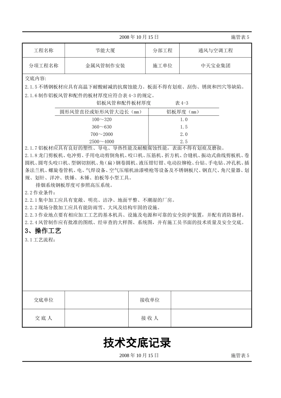 2025年工程建设资料：金属风管制作安装施工交底记录.doc_第2页