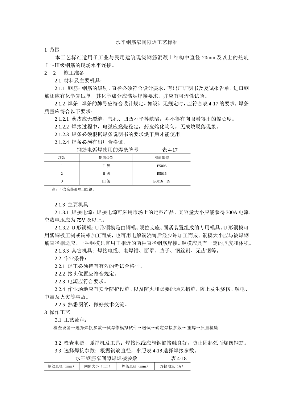 2025年工程建设资料：水平钢筋窄间隙焊工艺标准.doc_第1页