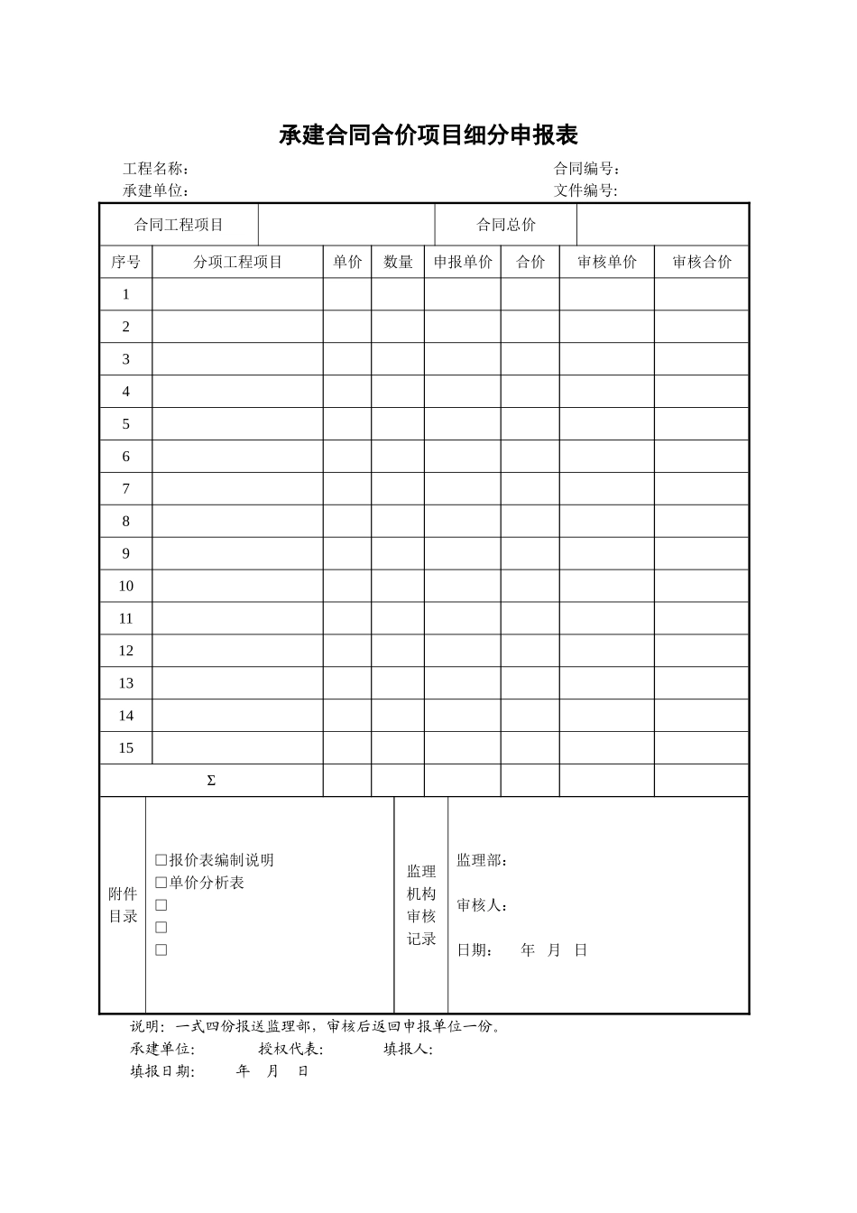 2025年工程建设资料：32承建合同合价项目细分申报表.doc_第1页