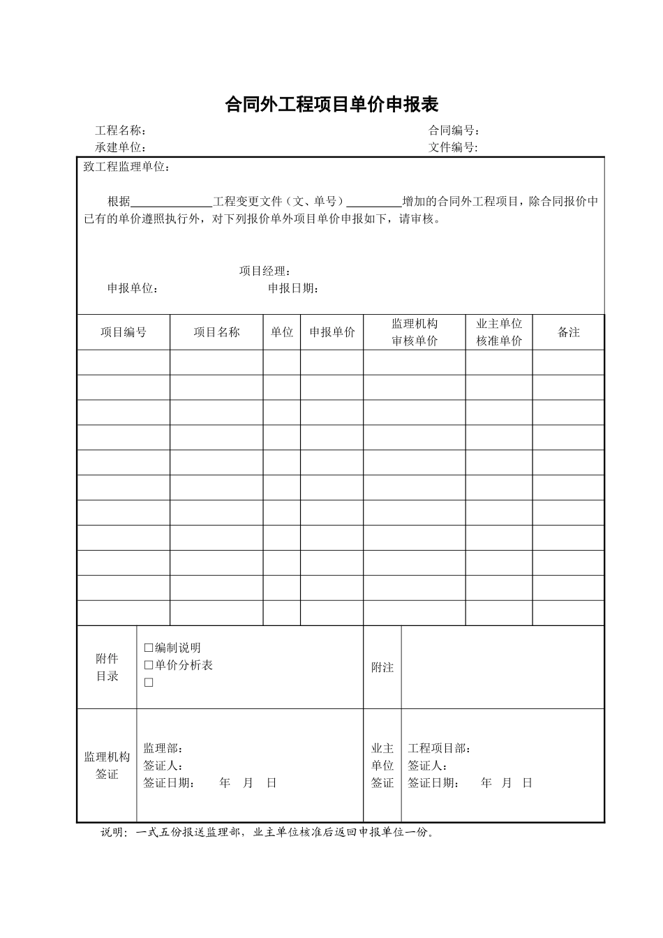 2025年工程建设资料：34合同外工程项目单价申报表.doc_第1页