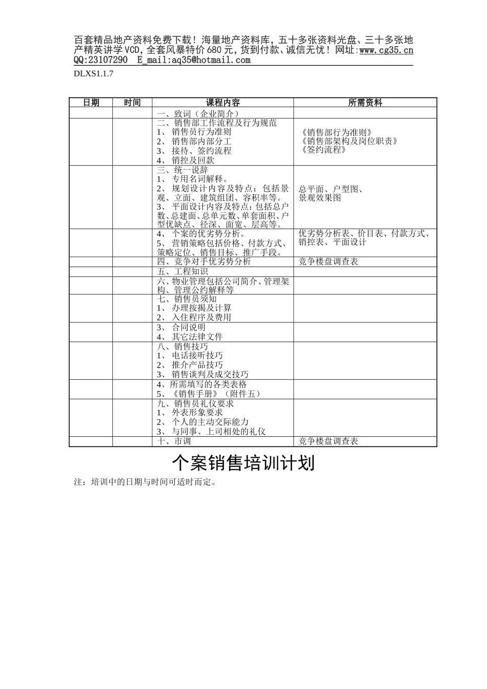 2025年工程建设资料：DLXS1.1.7个案销售培训计划.doc_第1页