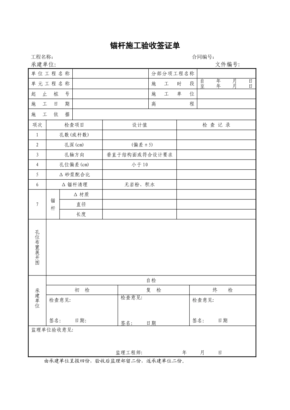 2025年工程建设资料：锚杆施工验收签证单.doc_第1页