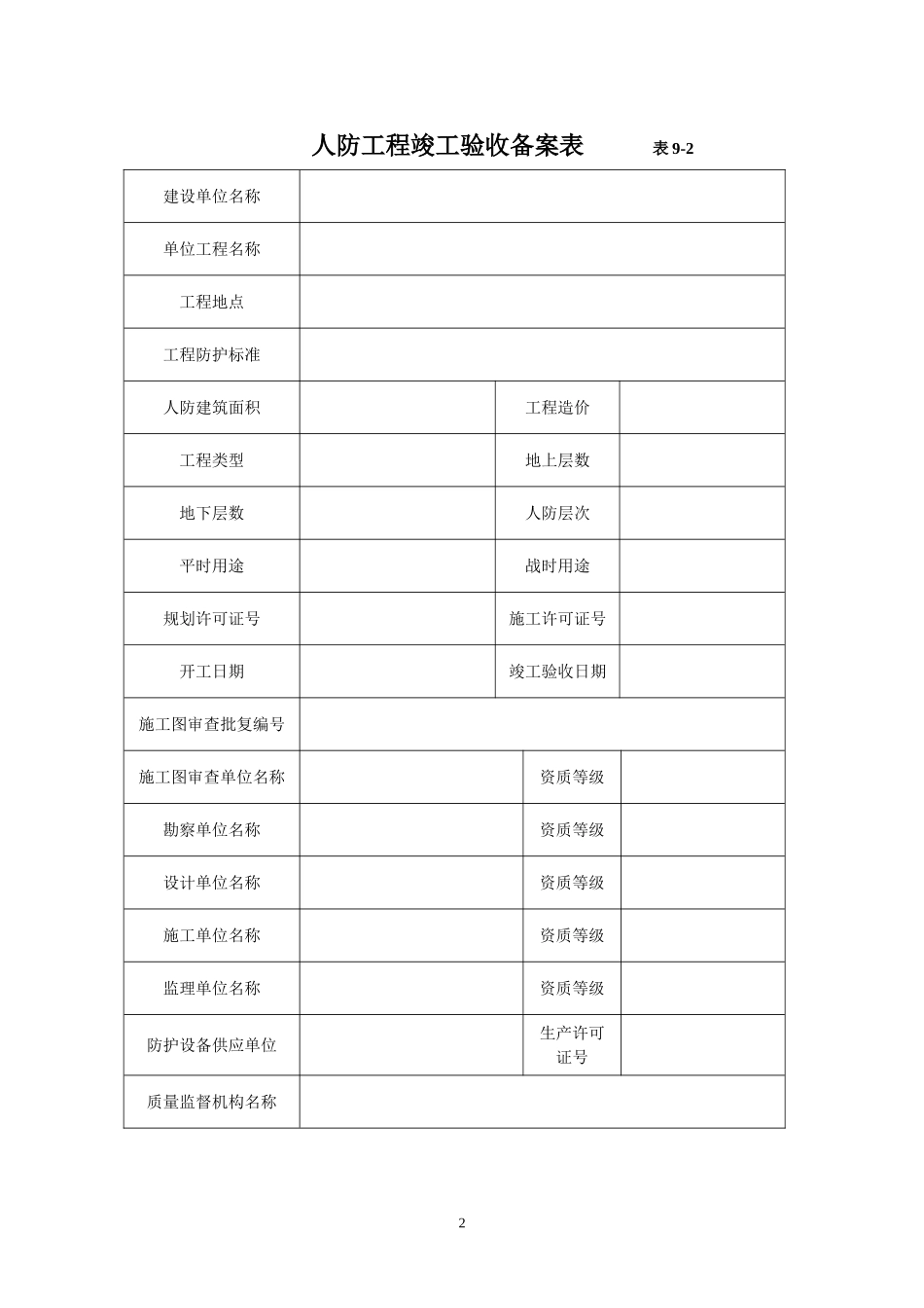 2025年工程建设资料：表9  人防工程竣工验收备案表.doc_第2页