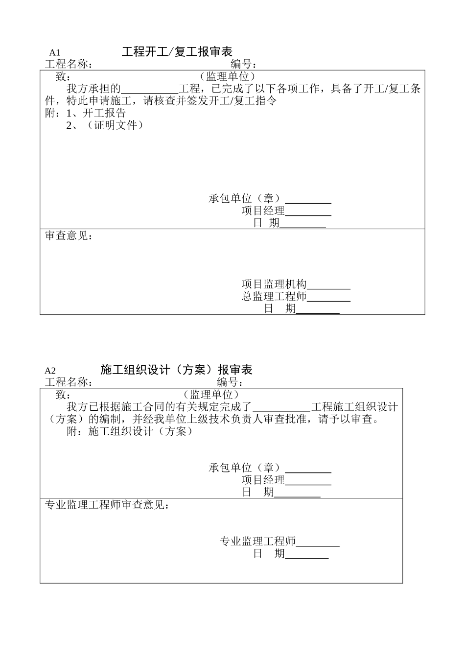 2025年工程建设资料：A、B、C监理规范表格A类表.doc_第1页