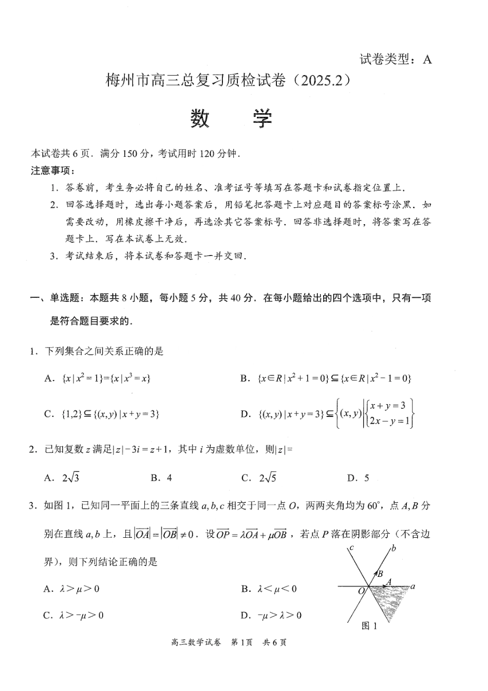 2025届广东省梅州市高三下学期模拟预测（一）数学试卷.pdf_第1页