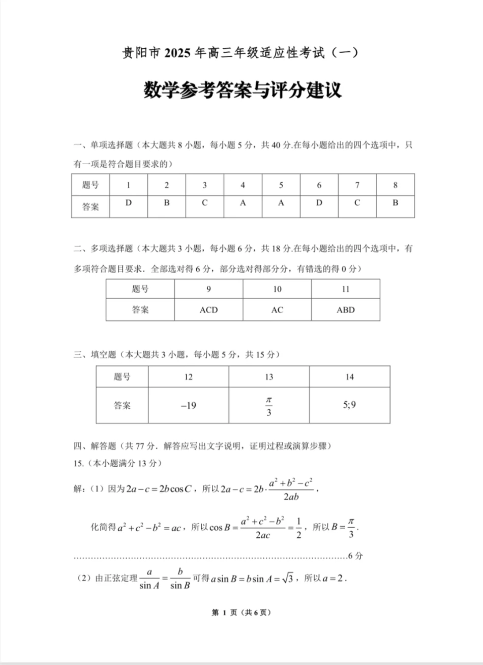 贵阳市2025年高三年级适应性考试（一）数学答案.pdf_第1页