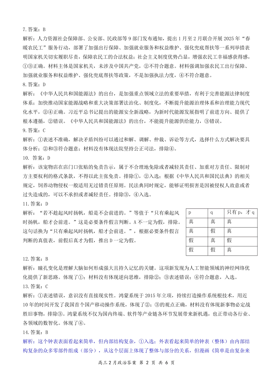 湖北省云学名校联盟2025届高三年级2月联考政治答案.pdf_第2页