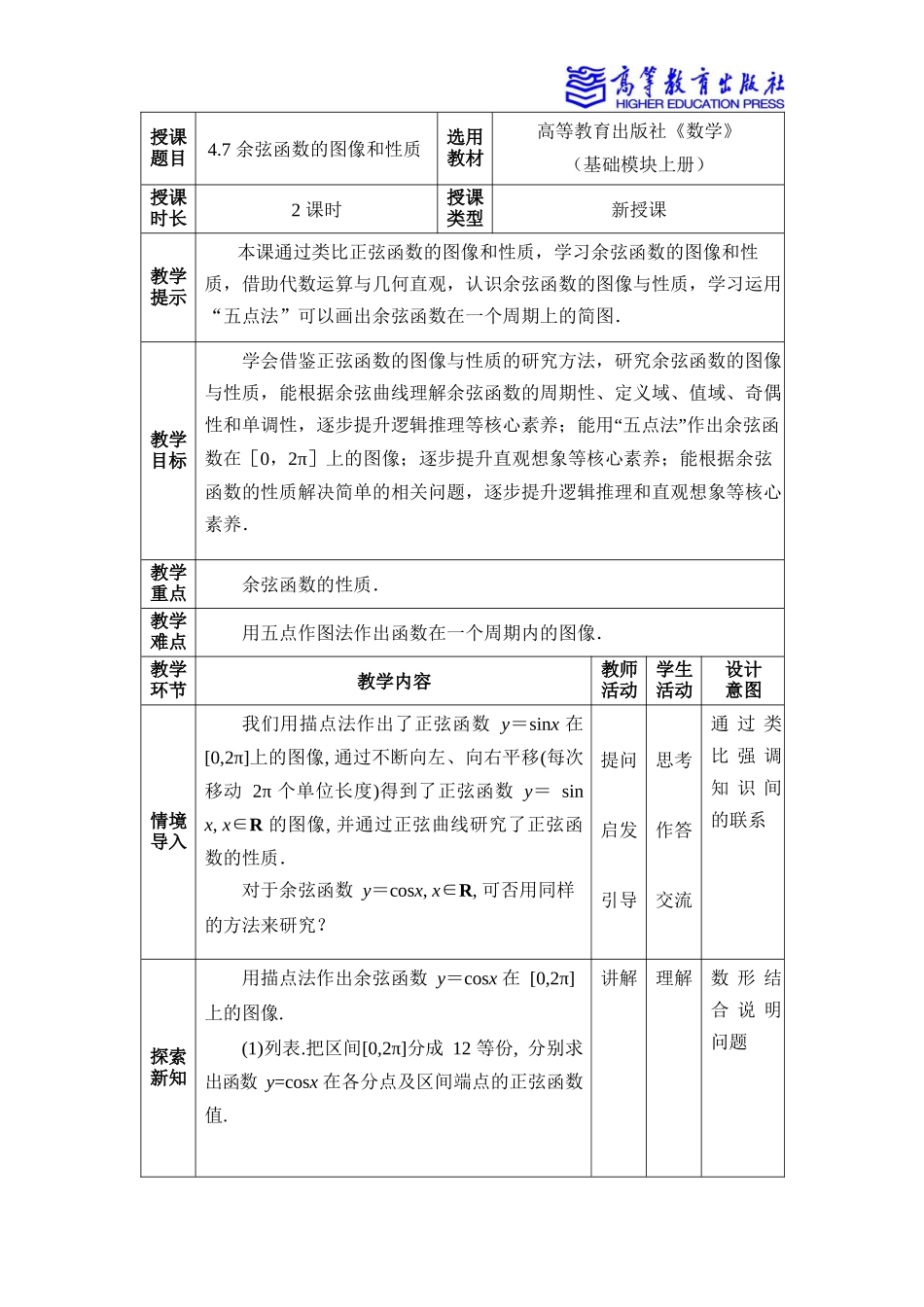 2025年教学资料：4.7 余弦函数的图像和性质.docx_第1页