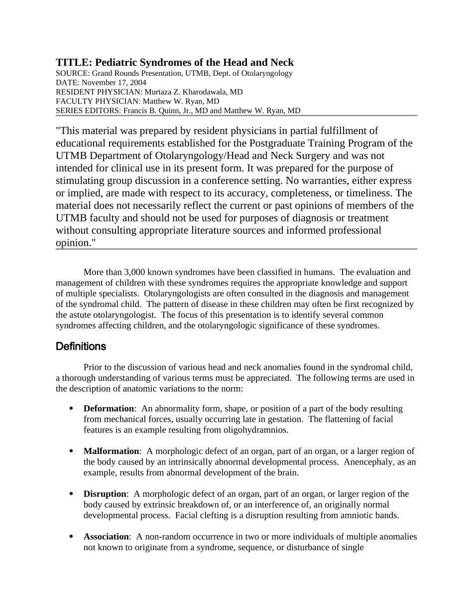 2025年医学资料：Pediatric Syndromes of the Head and Neck.doc_第1页