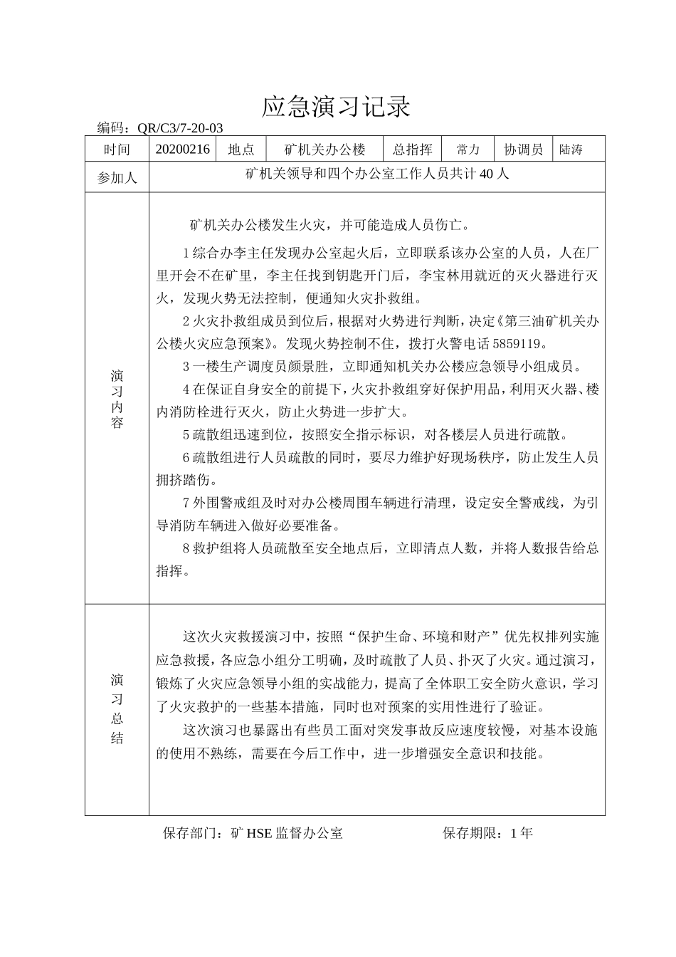 2025消防管理资料：25.办公楼火灾应急演习记录.doc_第1页