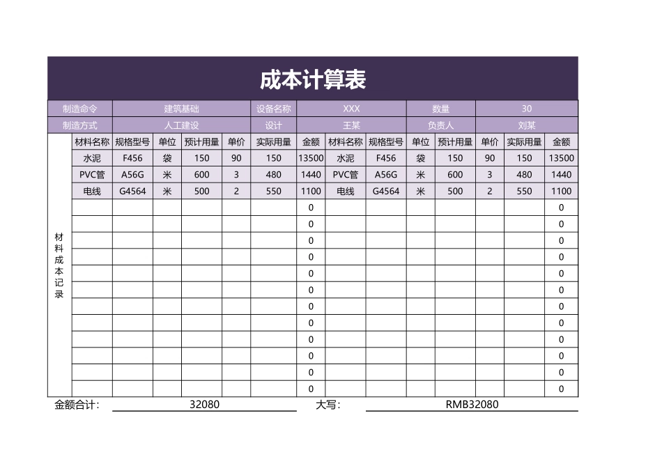 2025财务管理资料：109成本计算表.xlsx_第1页