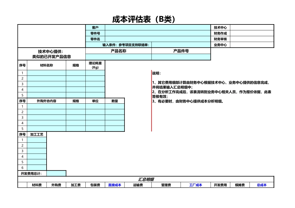 2025财务管理资料：110成本评估表（B类）.xls_第1页