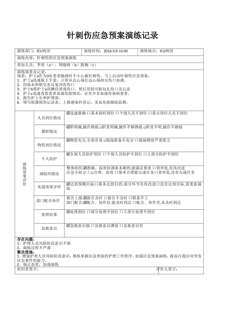 2025医院应急预案资料：针刺伤应急预案演练记录表.doc_第1页
