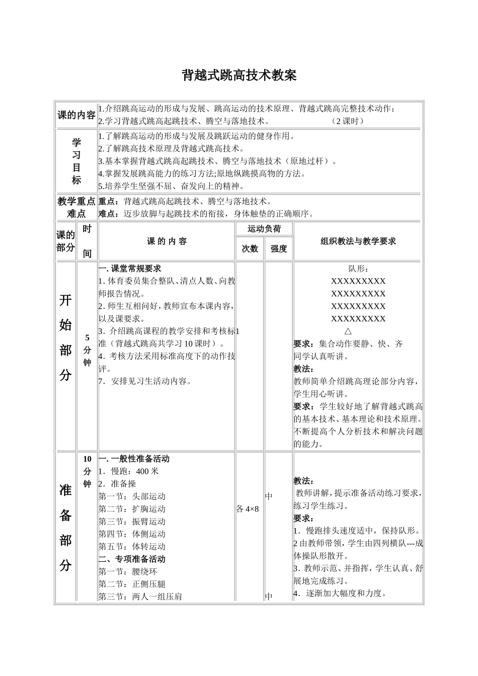 2025年体育教案：背越式跳高技术教案.doc_第1页