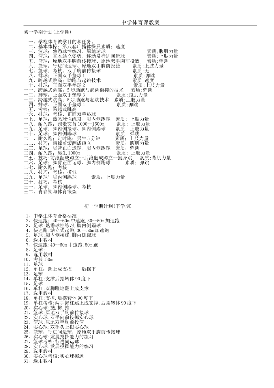 2025年体育教案：初中体育教案、学期计划.doc_第1页