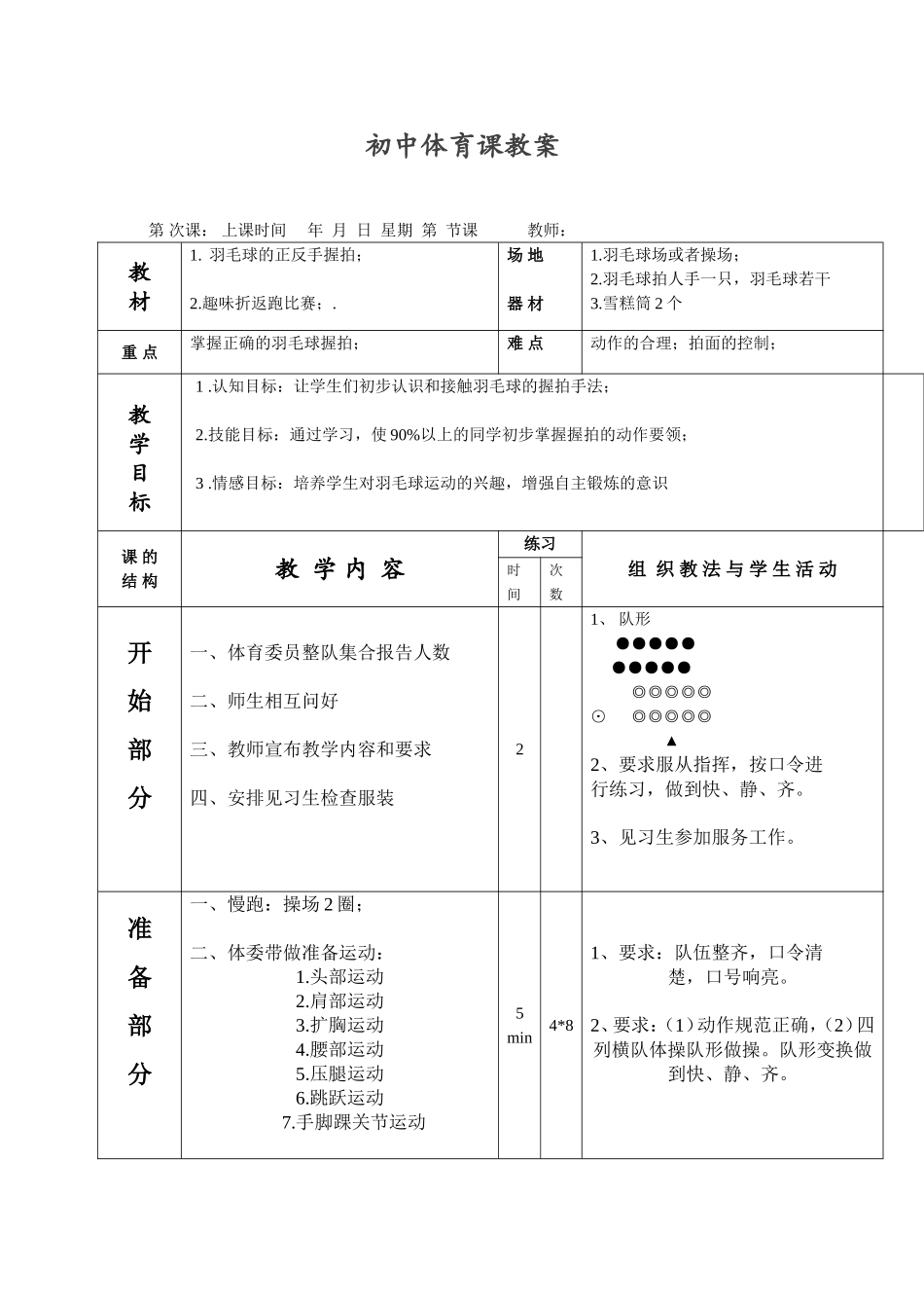 2025年体育教案：初中羽毛球握拍教案.doc_第1页