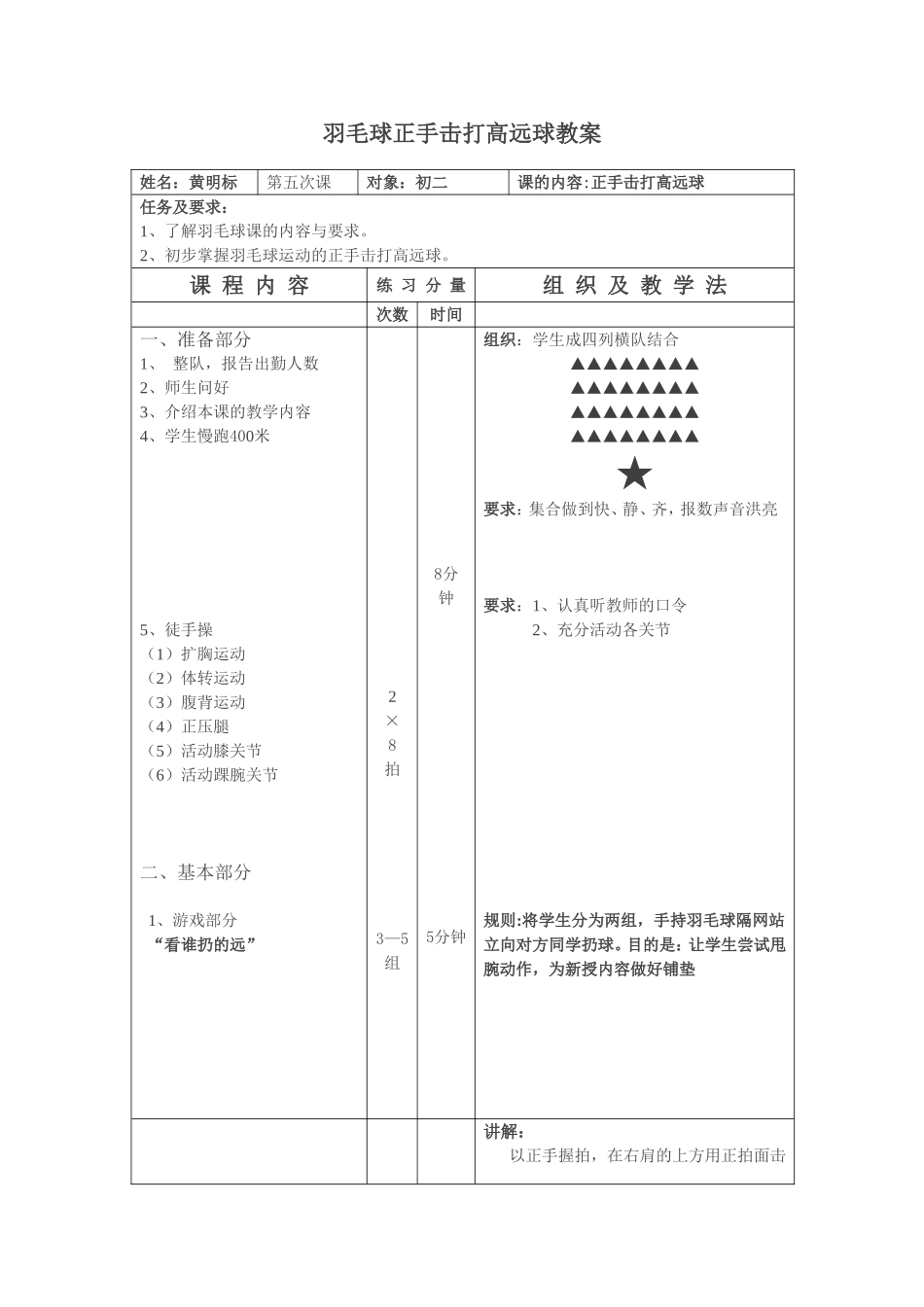 2025年体育教案：初中羽毛球正手击打高远球教案.doc_第1页