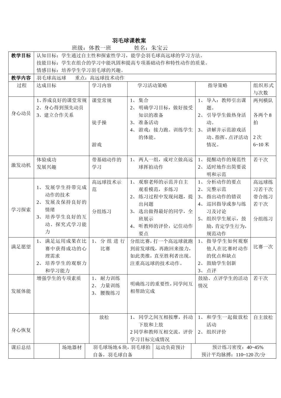 2025年体育教案：大学羽毛球课教案.doc_第1页