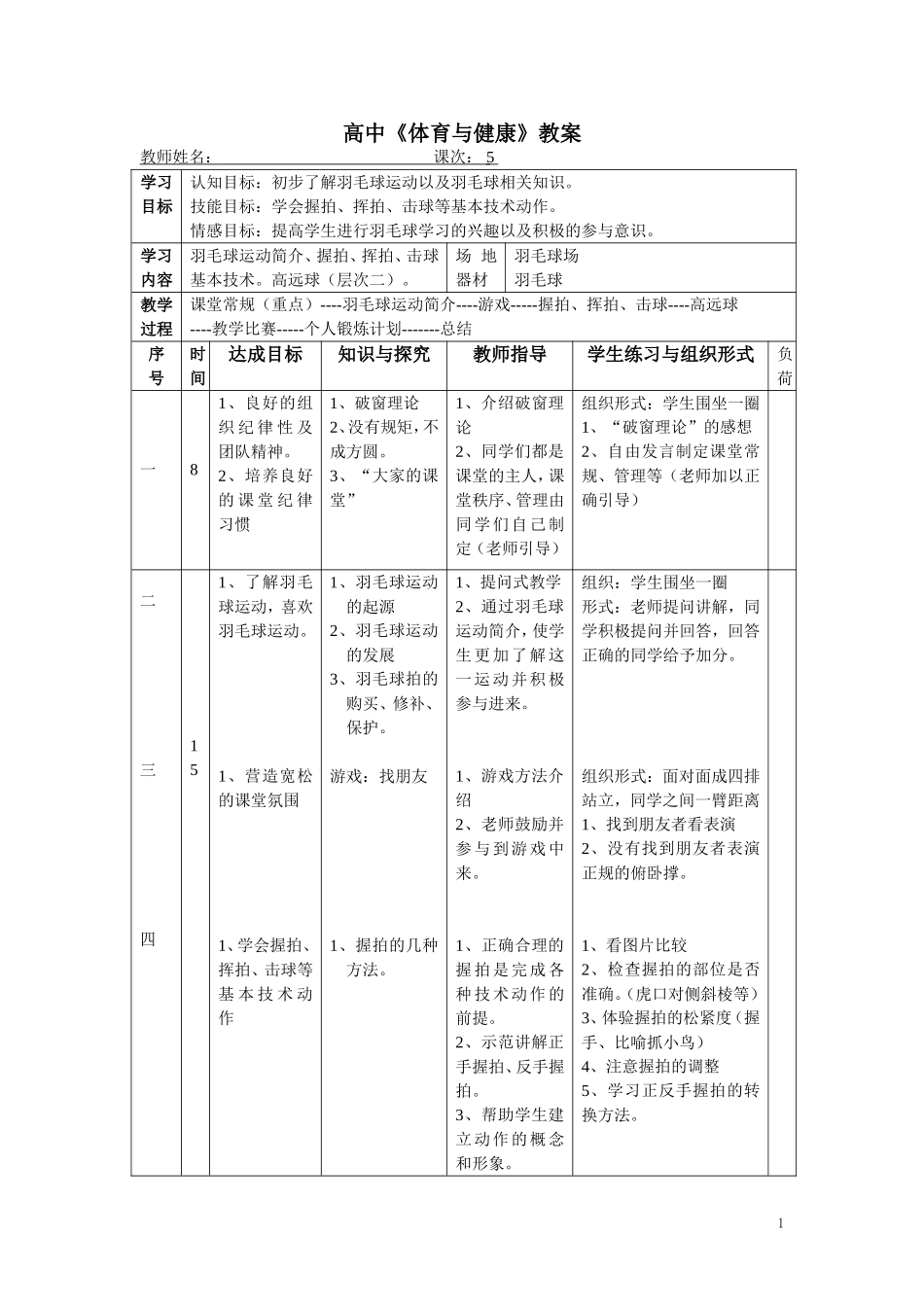 2025年体育教案：高中羽毛球课时教案.doc_第1页