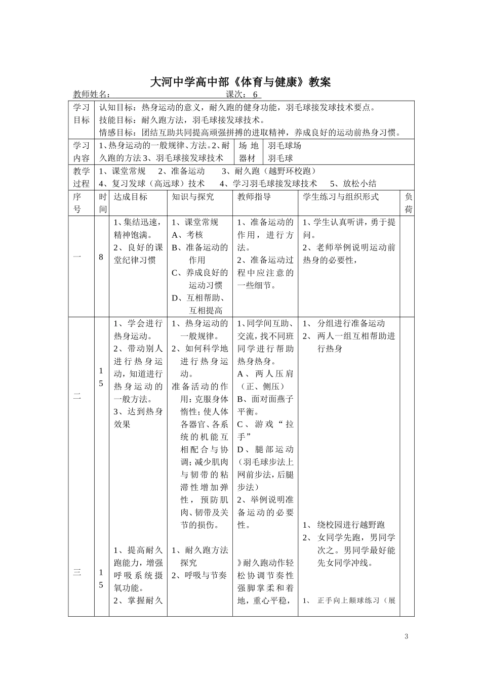 2025年体育教案：高中羽毛球课时教案.doc_第3页