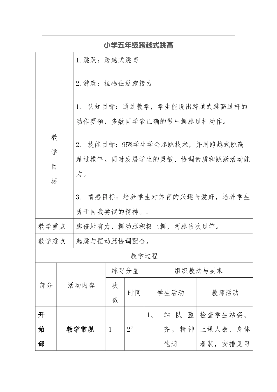 2025年体育教案：小学五年级跳高教案.docx_第1页