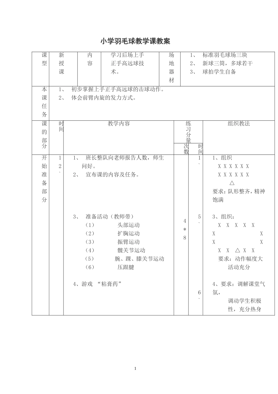 2025年体育教案：小学羽毛球教学课教案.doc_第1页