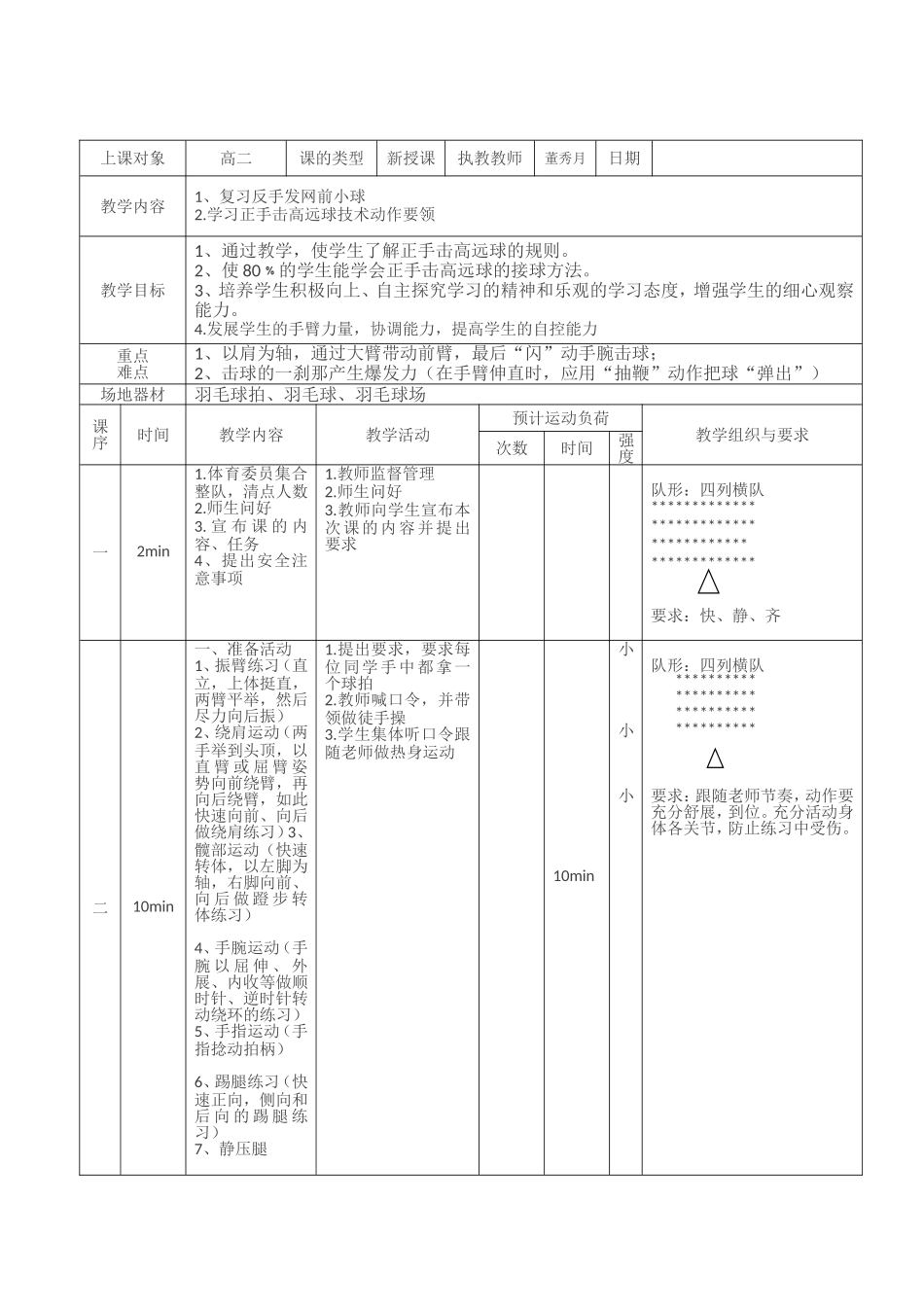 2025年体育教案：羽毛球正手击高远球教案（高中）.doc_第2页