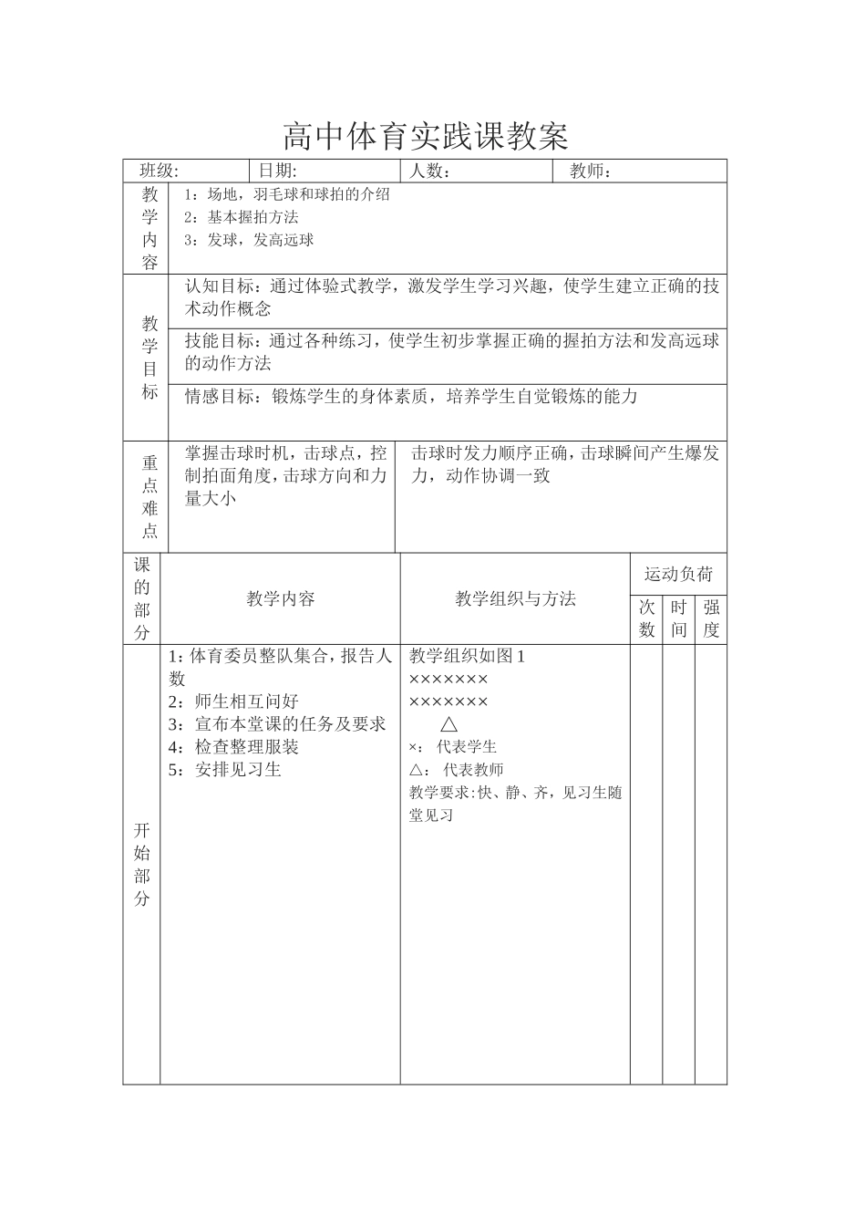 2025年体育教案：中学羽毛球教案.doc_第1页