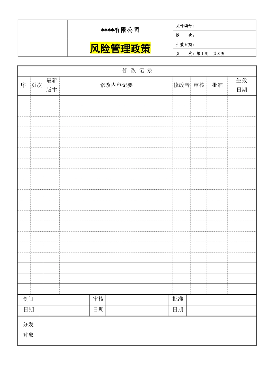 2025年企业管理：某公司企业风险管理政策 8P.docx_第1页