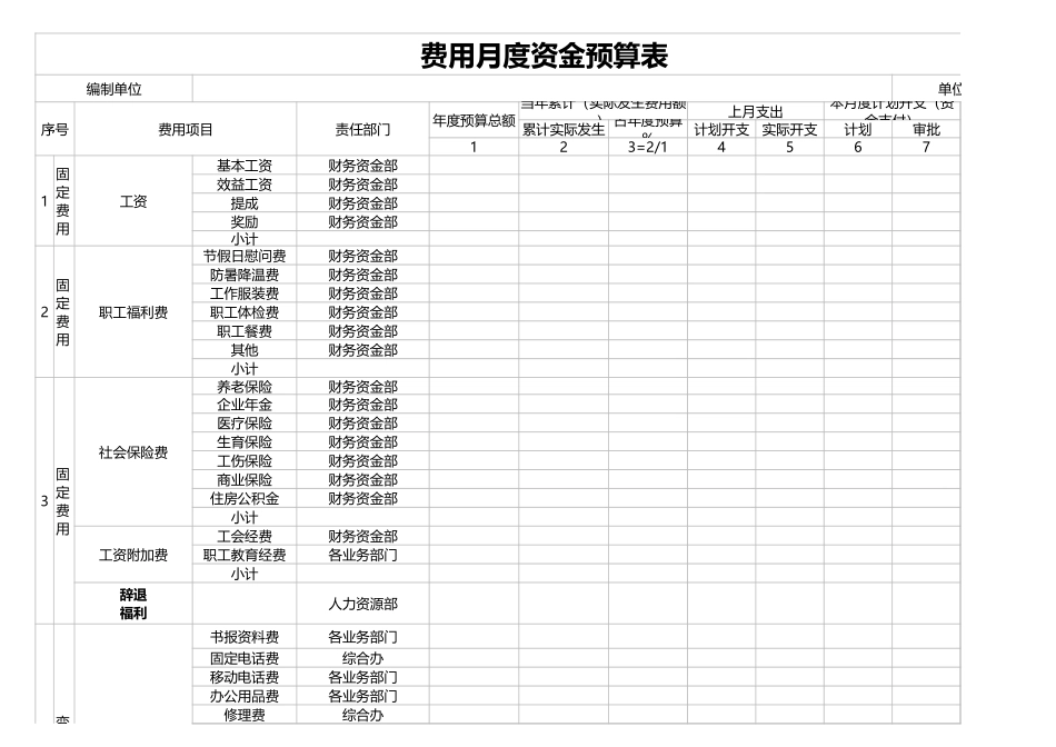 2025年公司管理表格：费用月度资金预算表.xlsx_第1页