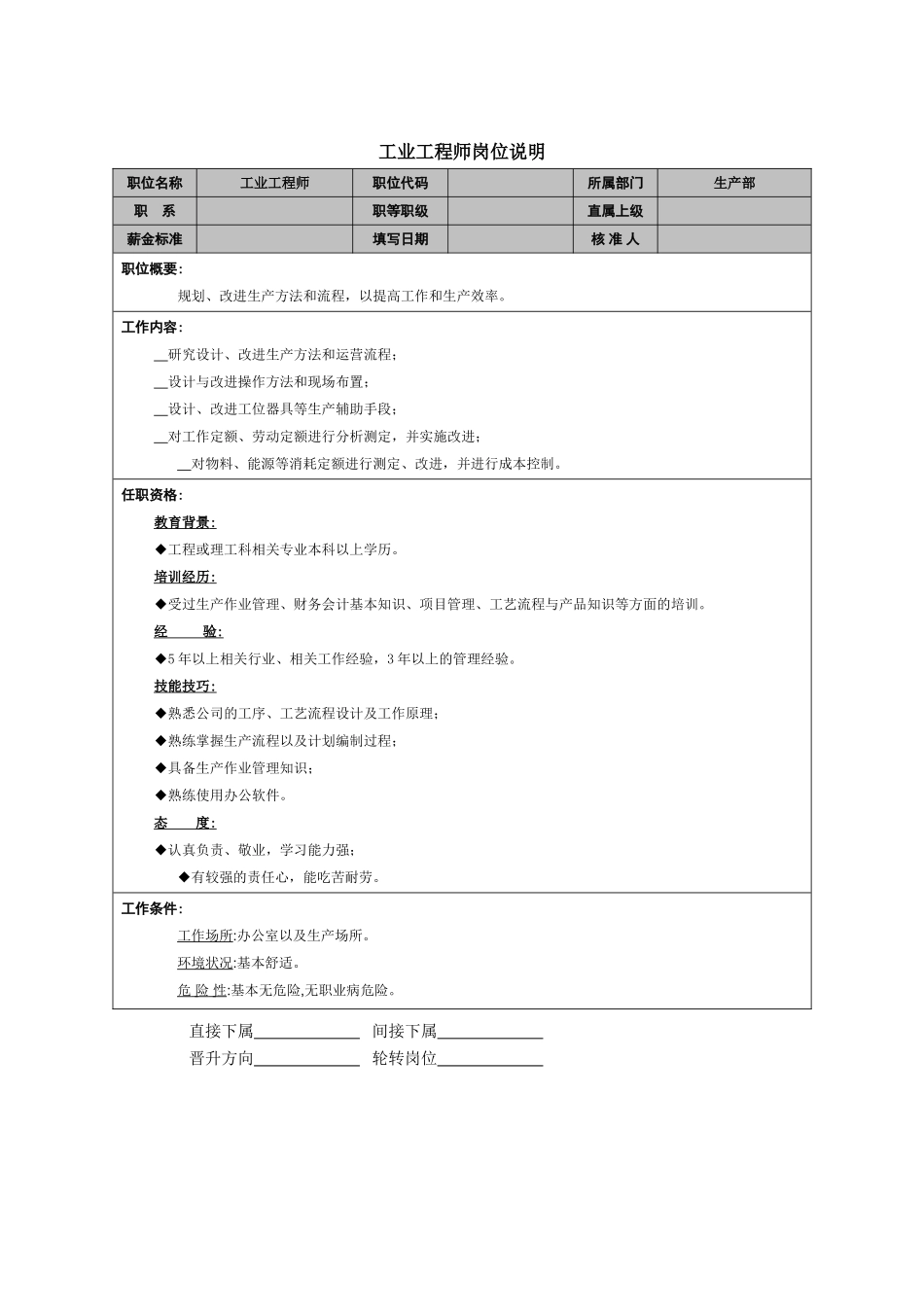 2025年人力资源制度：工业工程师岗位说明.doc_第1页