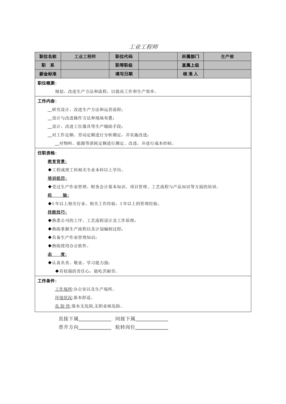 2025年人力资源制度：工业工程师岗位职能.doc_第1页