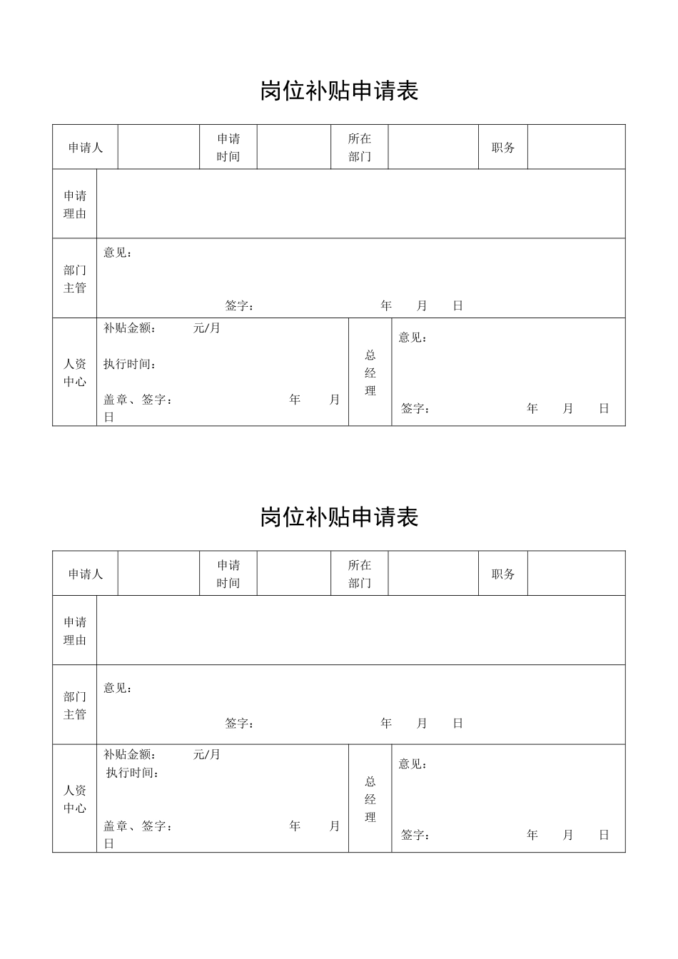 2025年人力资源制度：公司员工岗位补贴申请表.docx_第1页
