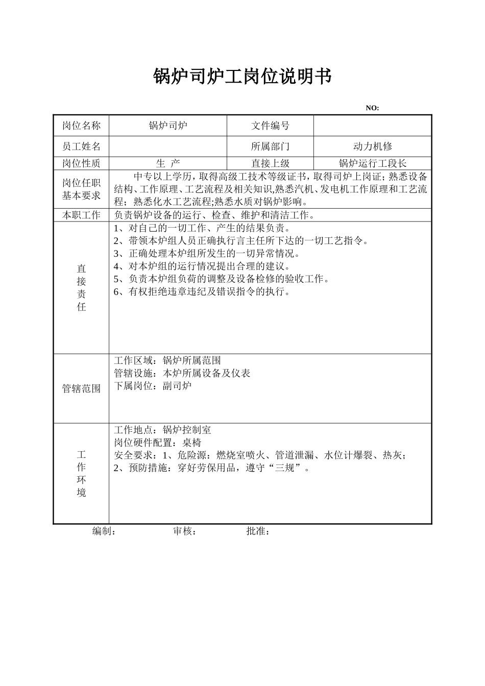 2025年人力资源制度：锅炉司炉岗位说明书.doc_第1页