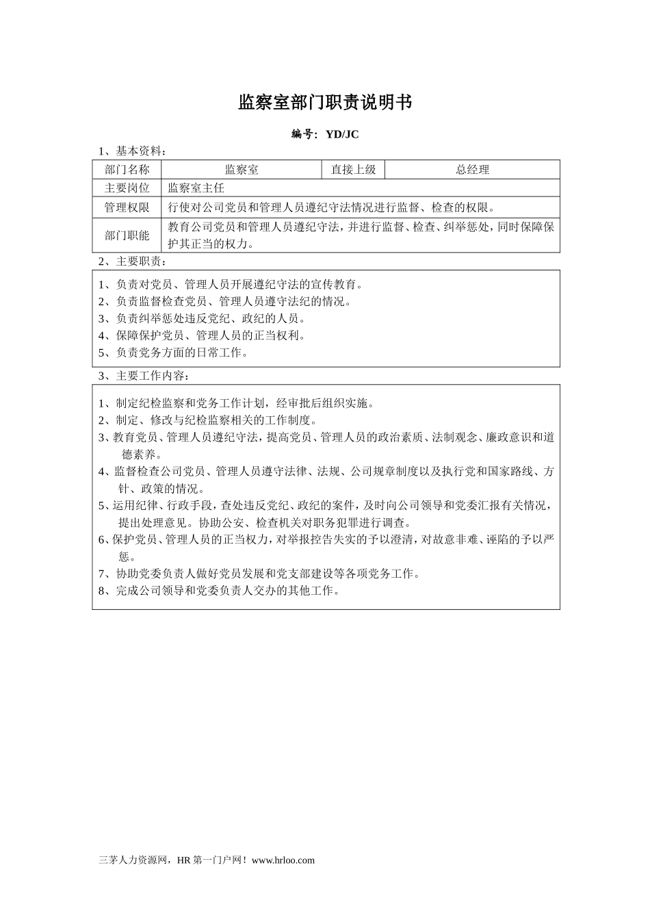 2025年人力资源制度：监察室部门职责说明书.doc_第1页