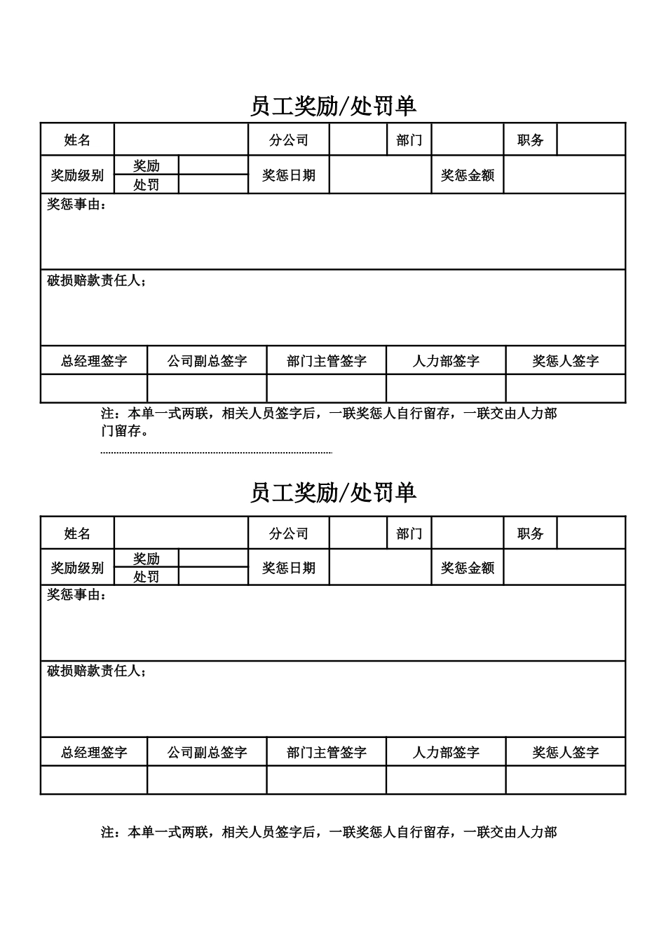 2025年人力资源制度：18-员工奖惩单.docx_第1页