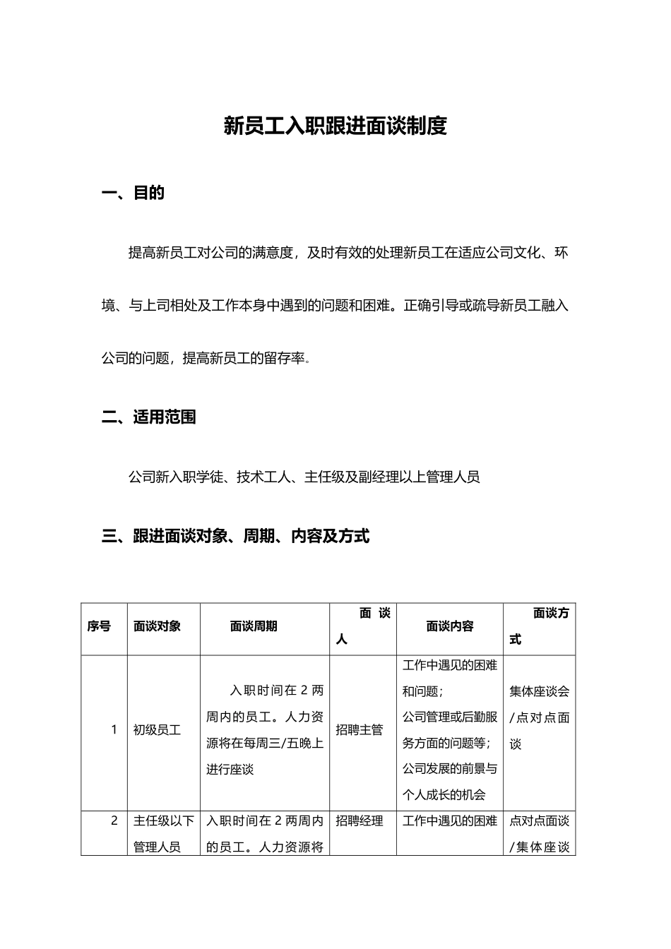 2025年人力资源制度：02-新员工入职跟进面谈制度.docx_第1页