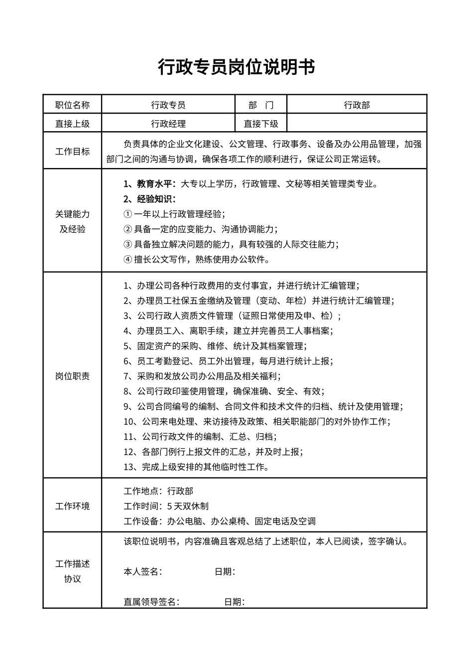 2025年人力资源制度：04-01行政专员岗位说明书.docx_第1页