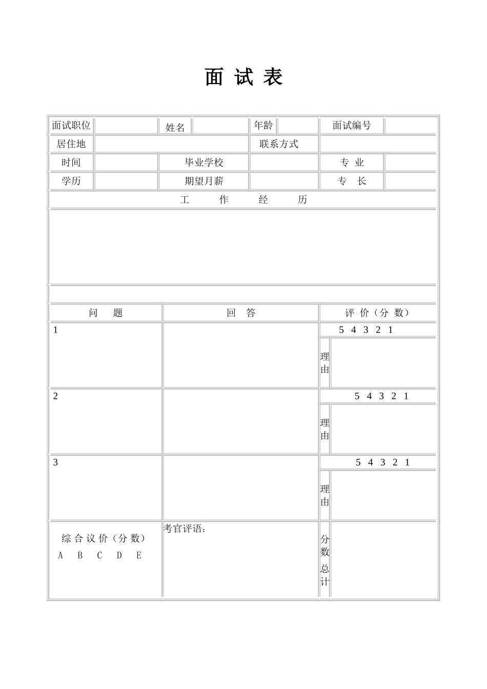 2025年人力资源制度：面  试  表.doc_第1页