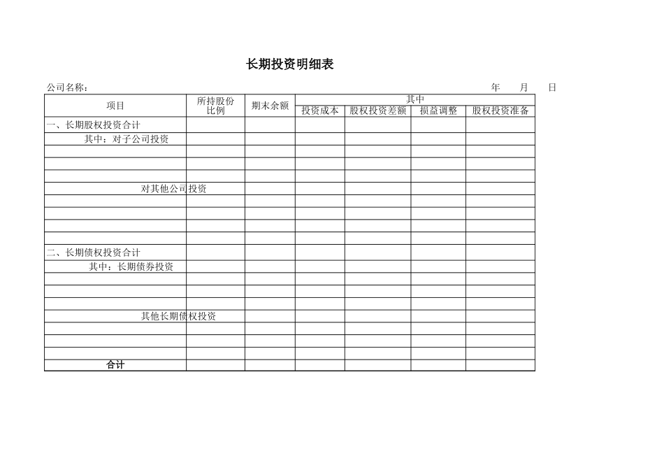 2025年公司管理表格：长期投资明细表【山大教育】.xls_第1页