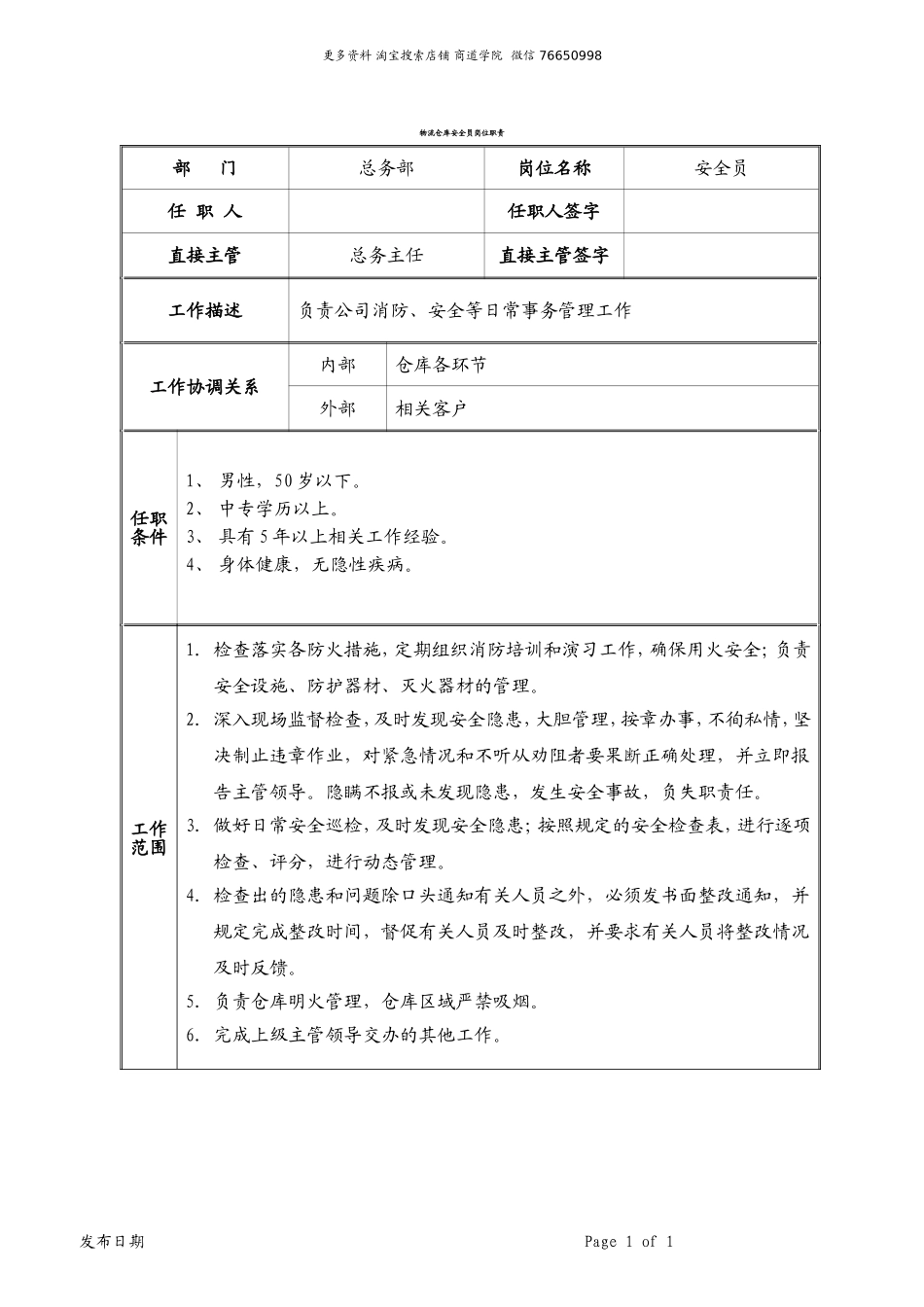 2025年人力资源制度：物流仓库安全员岗位职责.doc_第1页