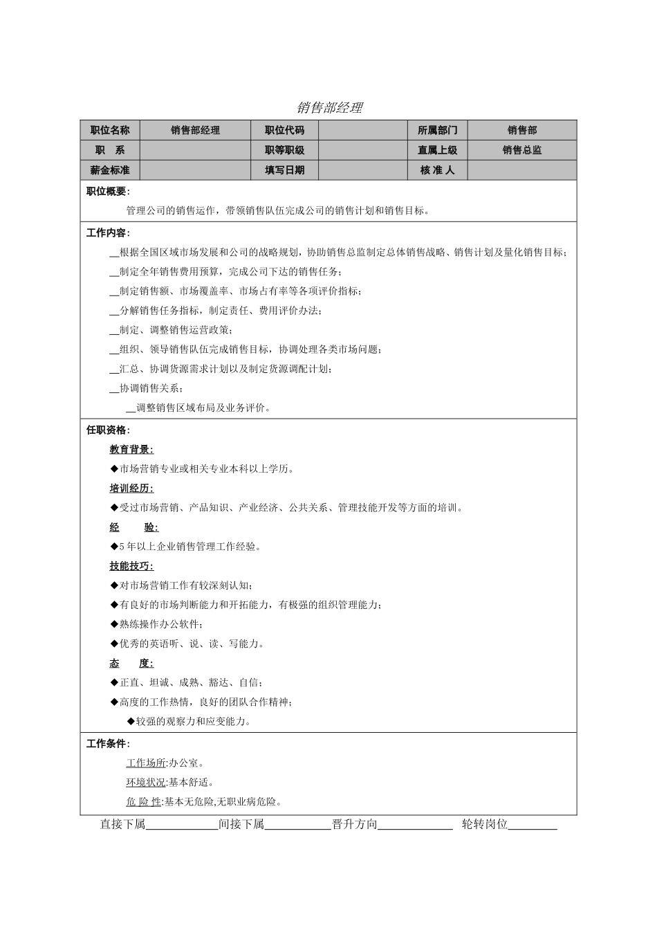2025年人力资源制度：销售部经理职能说明书.doc_第1页