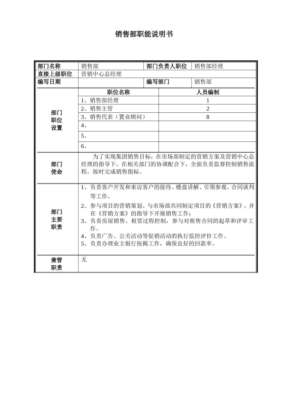 2025年人力资源制度：销售部门职能说明书.doc_第1页